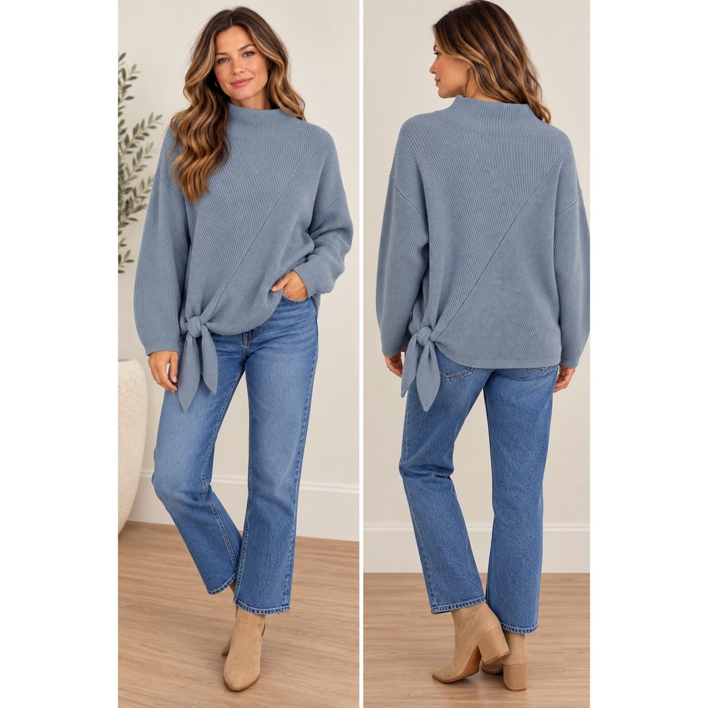 Rebecca Taylor Blue Wool Mock Neck Side Tie Knot Ribbed Sweater Large